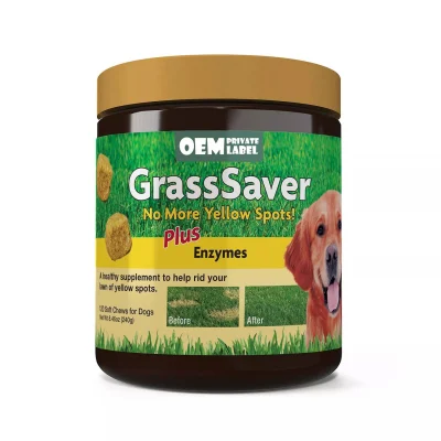 ストア ブランドの Grass Saver Dog Supplement は、尿を中和し、芝生の黄色の汚れを取り除くのに役立ちます。犬の栄養